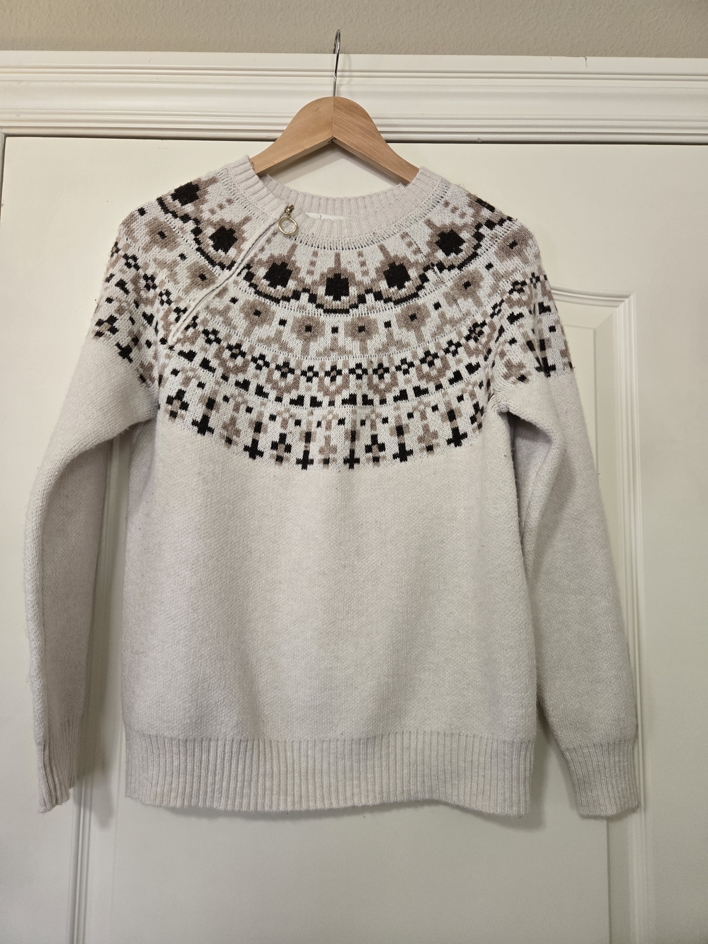 Cream Fair Isle Crewneck Sweater with Neutral Yoke And Gold Color Half Zipper